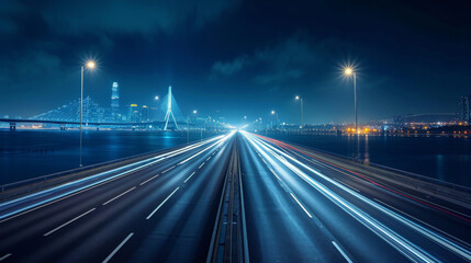 Fototapeta na wymiar Highway road on the bridge at night on city view background. 