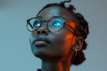 Afrikanische Frau mit Brille blickt nach oben - obrazy, fototapety, plakaty