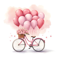 Watercolor pink bicycle with heart shaped air balloons, present, floral arrangement. Valentine's day illustration. Cartoon style.