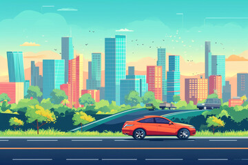 Light background with urban landscape. Car goes on the road to the city. 