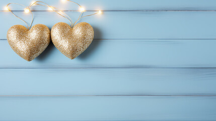 Saint Valentine day greeting card with hearts against festive blue bokeh background.