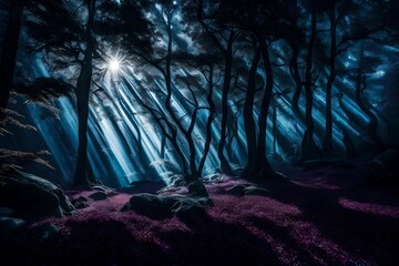 natural greenery in the dark night in  the open blue sky shinning with moon lights 
dark green cave with little light crossing from the cave under the majestic sky and greenery   abstract night green 