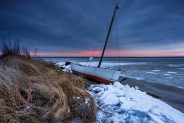 Baltic sea beach at winter in Kuznica, Hel Peninsula. Poland