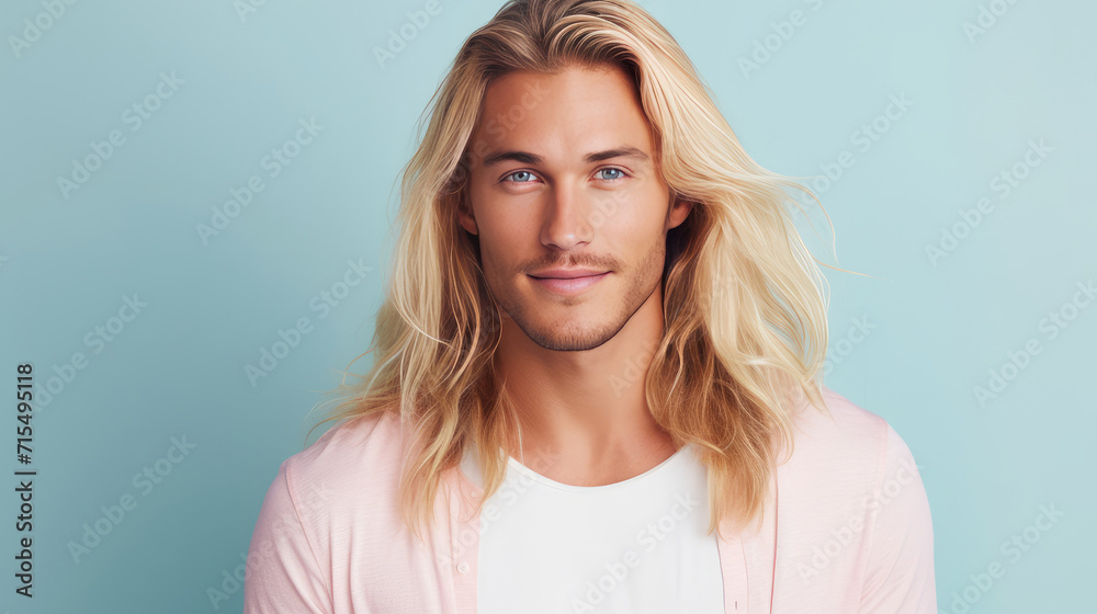 Wall mural Elegant sexy smiling Caucasian blond man with blond and long hair with perfect skin, on a light blue background, banner.