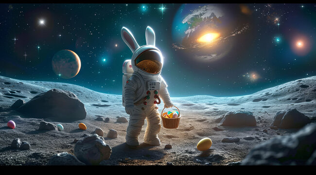photo of the first easter bunny in white space suit on the moon