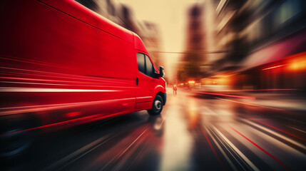 Obraz premium Delivery van delivers fast in a city