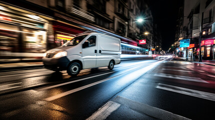 Delivery van delivers fast in a city - obrazy, fototapety, plakaty