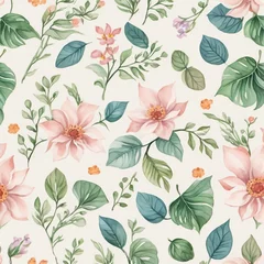 Tuinposter seamless classic pattern with hand drawn watercolor flowers and leaves, small objects and background © Abdul