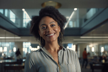Fototapeta premium Smiling African American lady with curly hair and casual clothing standing in an office, radiating happiness and beauty