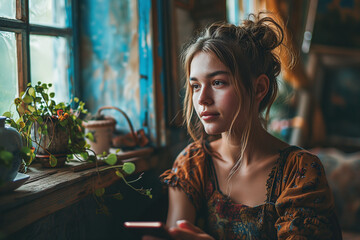 Young woman with curly hairstyle uses smartphone, at home, next to a window. Vintage old interior. Evening lights. Girl using smartphone at home. Social media applications online - obrazy, fototapety, plakaty