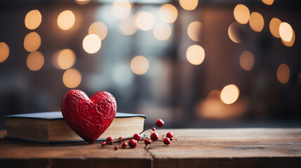 red hearts and open book on wooden table