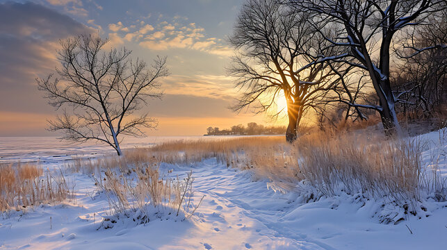 A snow covered beach contrasts with warm sunset tones behind trees and dry grasses, creating a tranquil peaceful scene