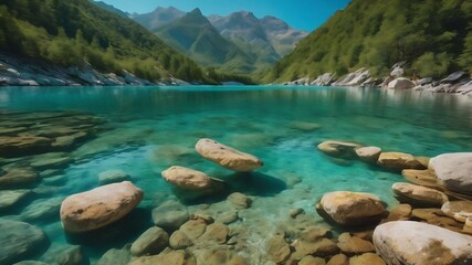 Breathtaking shot of beautiful stones under turquoise water of a lake and hills in the background