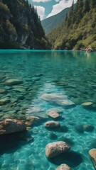 Breathtaking shot of beautiful stones under turquoise water of a lake and hills in the background