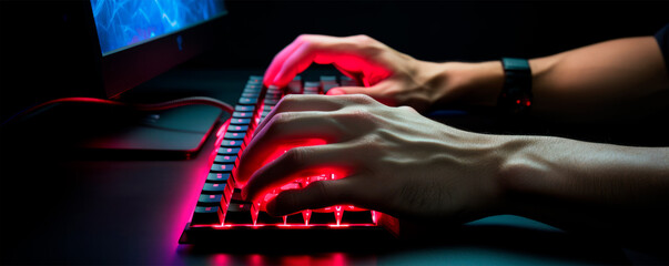 A concentrated gamer plays a game using a backlit mechanical keyboard, in a dark room, with a monitor in the background. Gamification. Cybersports competition and gaming technology