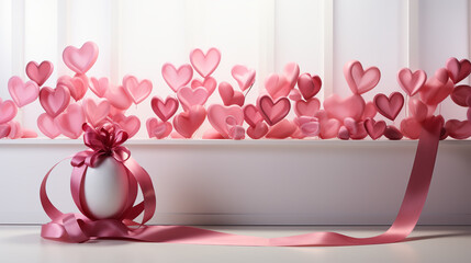 Ribbon in shape of heart with gift boxes and rose flowers. Happy Valentines day, Mothers day, birthday concept. Romantic flat lay composition.