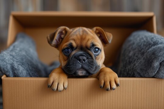 An open box with a cute puppy peeking out. Classic living room interior in the background