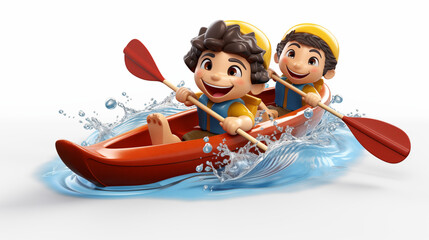  cartoon cute  two canoe athletes are rowing canoe on river - obrazy, fototapety, plakaty