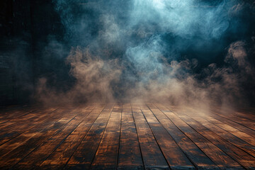 Dramatic Wooden Stage with Mist, Vintage Planks as a Mysterious Backdrop for Product Unveiling - obrazy, fototapety, plakaty