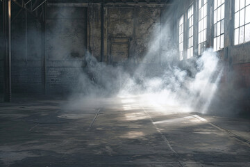 Atmospheric Industrial Loft with Sunrays and Dust, Urban Scene for High-End Product Placement - obrazy, fototapety, plakaty