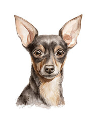 Watercolor portrait of cute toy terrier dog puppy character isolated on white background. Hand drawn illustration sketch - obrazy, fototapety, plakaty