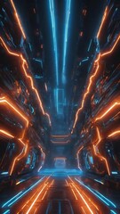 Rendering abstract futuristic background with glowing neon blue and orange lights