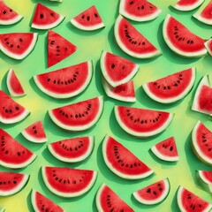 Beautiful pattern with fresh watermelon slices on yellow bright background. top view. copy space.