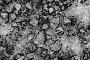 pebbles covered with ice in black and white. top view of icy stones. black and white texture of pebbles with icing. rocky ground covered in ice in black and white