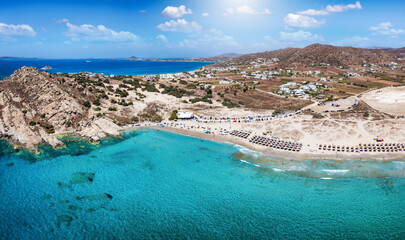 Panoramic aerial view of the Mikri Vigla beach with turquoise sea at Naxos island, Cyclades, Greece