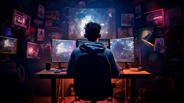 A gamer in a room with a multi-monitor setup plays at night, surrounded by game posters and lighting. Gaming cyber sports rooms and sets. Generation alpha. Gaming addiction