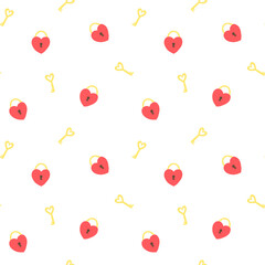 Hearts and keys vector seamless pattern for St Valentines Day, February 14th. Love cute background, wallpaper, print, textile, fabric, wrapping paper, packaging design - obrazy, fototapety, plakaty