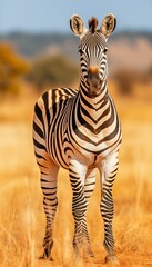 Obraz premium Majestic zebra in african savanna, blending gracefully with surrounding grassland