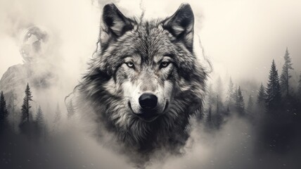 a wolf's face overlaid with forest trees, mountains, and a full moon in the sky, a photo-realistic graphite pencil and charcoal design with dynamic lighting against a white background.