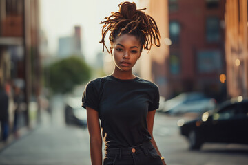 African American female model with dreadlocks - black t-shirt mockup - blurred city background - fashion posture - obrazy, fototapety, plakaty