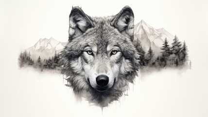 a wolf's face overlaid with forest trees, mountains, and a full moon in the sky, a photo-realistic graphite pencil and charcoal design with dynamic lighting against a white background.