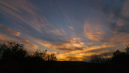 Vibrant sunset seen from the wild forest. Pastel colors in the evening sky. Cloud formations in abstract shapes