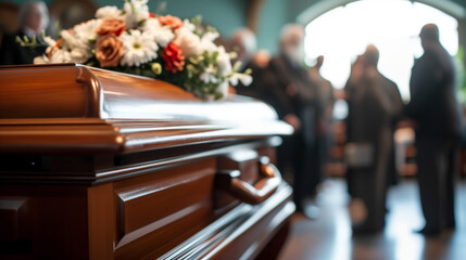 Photo of a closed coffin at a funeral service - obrazy, fototapety, plakaty