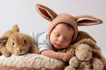 Cute little baby with bunny toy on white background, closeup