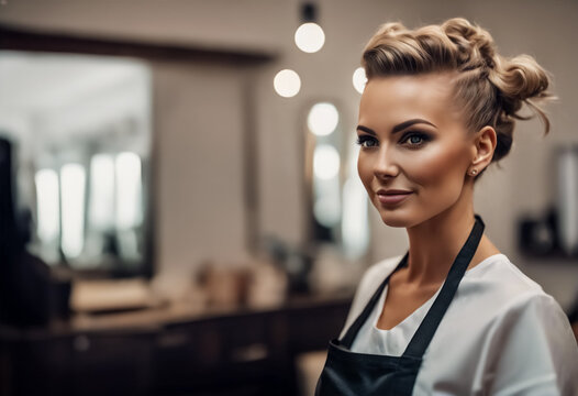 Maestra dello Stile- Ritratto in Alta Risoluzione di una Parrucchiera Professionista con Grembiule nel Salone di Bellezza III