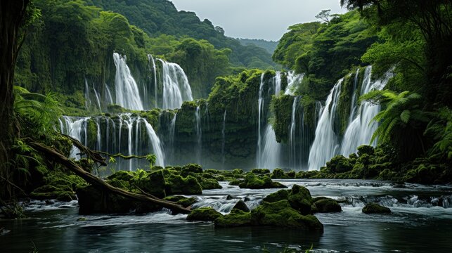 Photo of a cascanding waterfall in a winderness UHD wallpaper