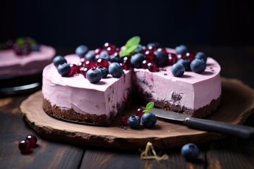 Blueberry mousse cheesecake set on a plate with blueberries.
