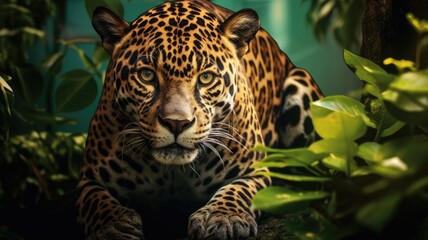 epic trees from a ground-level view in the Brazilian Rainforest, with an enchanting leaf cover and the inclusion of a Jaguar resting on a branch, showcasing the shiny realism of the big cat's eyes.