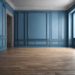 Blue wall in an empty room with wooden floor