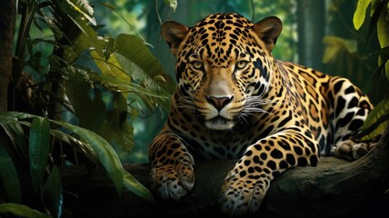 epic trees from a ground-level view in the Brazilian Rainforest, with an enchanting leaf cover and the inclusion of a Jaguar resting on a branch, showcasing the shiny realism of the big cat's eyes.