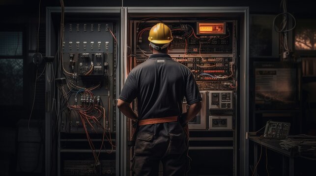 an Asian electrician adorned in overalls, a helmet, and gloves as they conduct maintenance or repairs in an electrical cabinet.