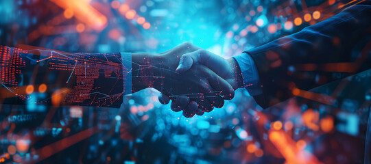 Group of multinational people shaking hands and digital technology concept. Wide angle visual for banners or advertisements