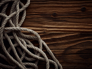 Fototapeta na wymiar Dark vintage marine background with old hemp rope over wooden planks
