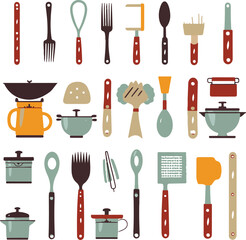 Vector icons of kitchen utensils and tools like knives, forks, spoons, and chef hats for a culinary-themed set