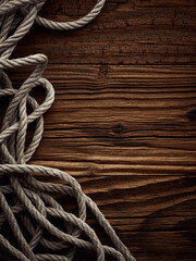 Dark vintage marine background with old hemp rope over wooden planks