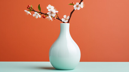 Soft home decor, white jug, vase with white small flowers on a white vintage wall background and on a wooden shelf. Interior.